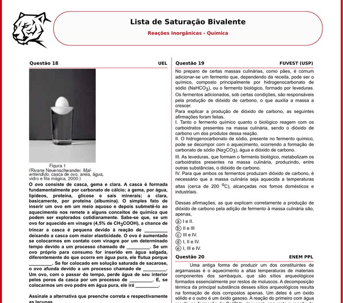 Lista de Química sobre reações inorgânicas